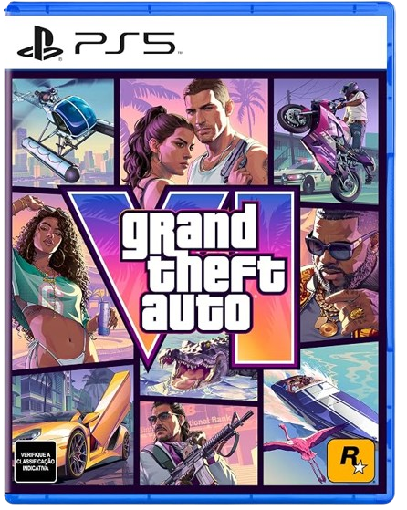 Estojo de PlayStation 5 de Grand Theft Auto VI, com colagem de personagens sobre fundo rosa e o logotipo VI